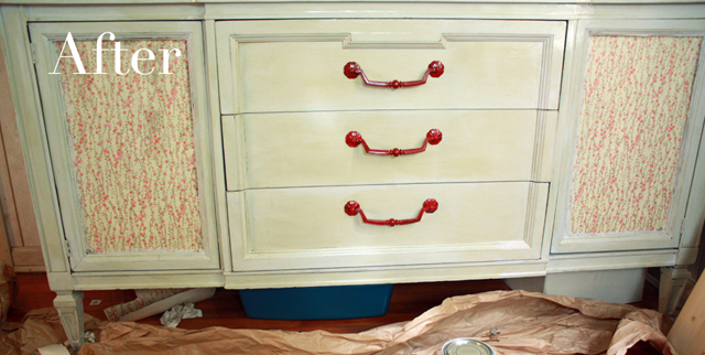 finished dresser with paper and paint